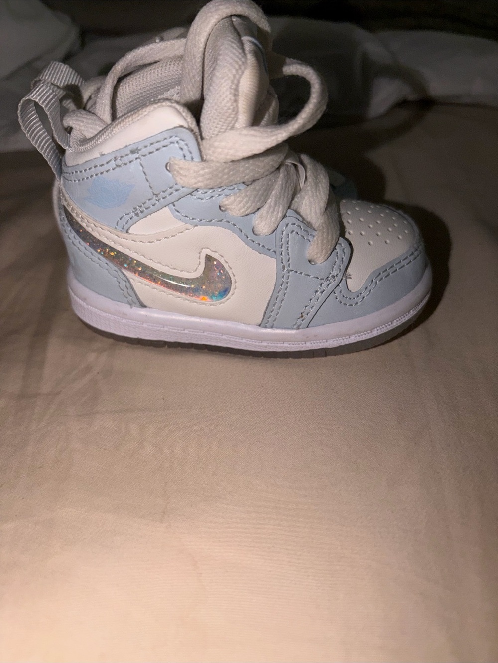 Nike Kids Pastel Blue and White High-Top Sneakers with Iridescent Swoosh